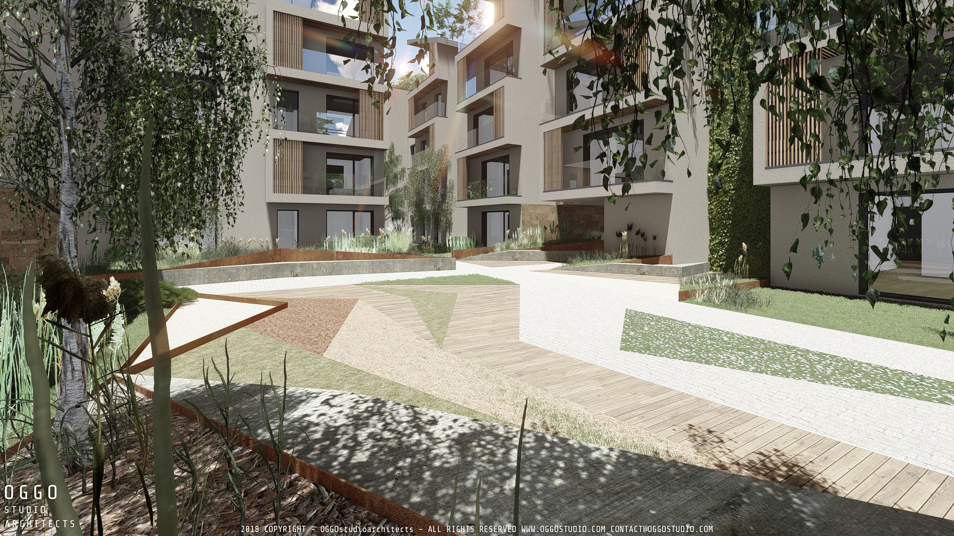 Housing project of 120 apartments OGGOstudioarchitects, unipessoal lda Jardines de estilo moderno Romainville,Collective housing,square,green,wood