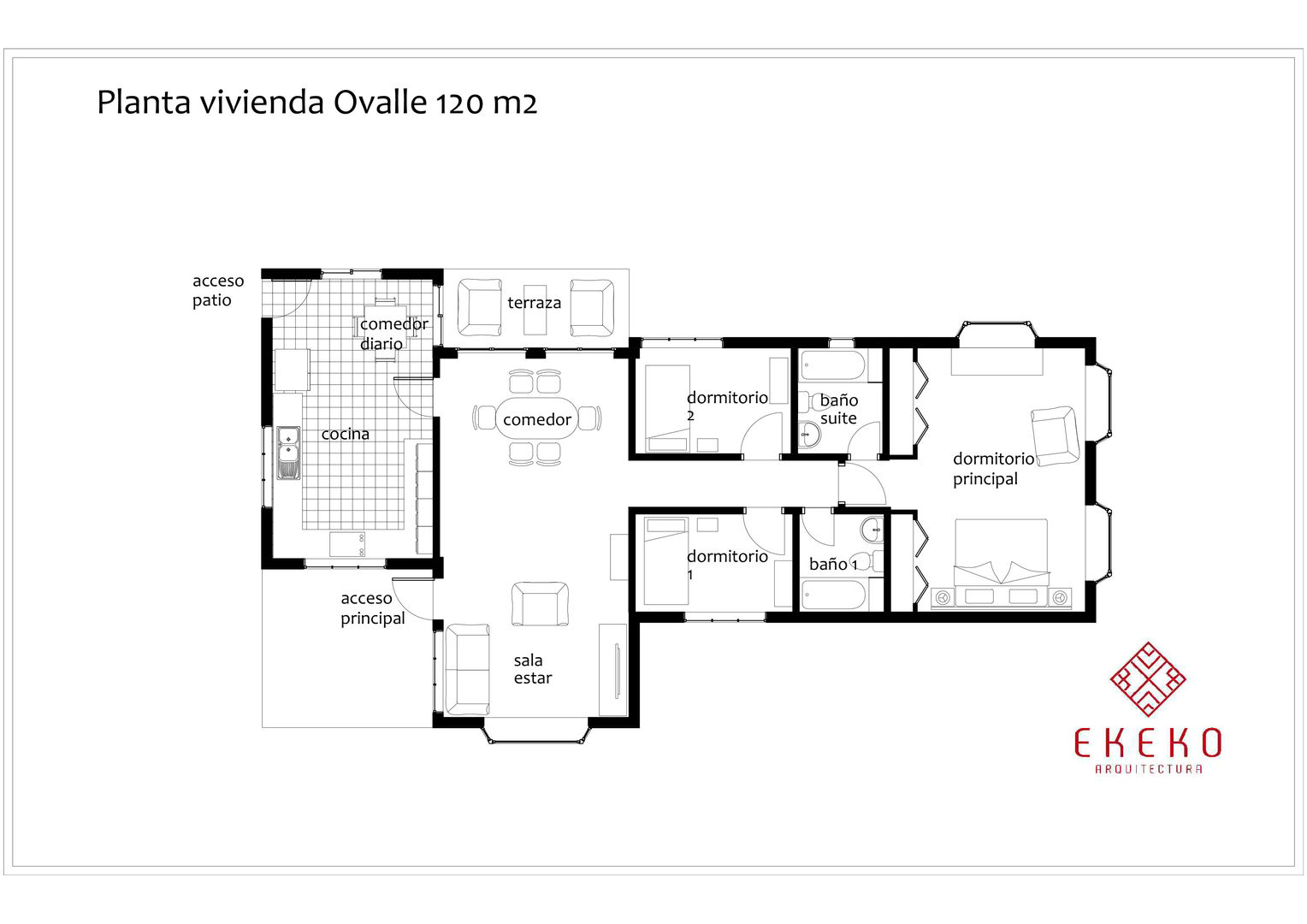Plano vivienda 120 m2: de estilo colonial por Ekeko Arquitectura , Colonial plano,casa chilena,casa colonial