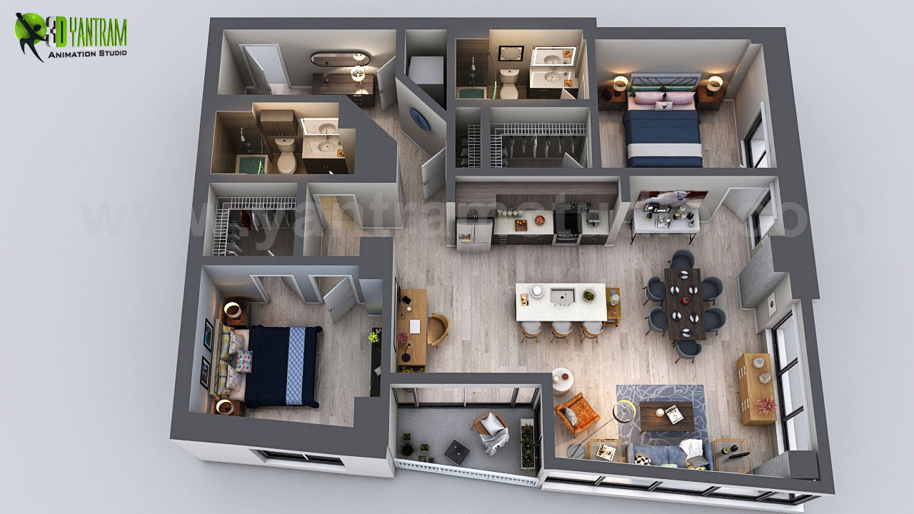 Unique Residential Apartment 3D Floor Plan Rendering Ideas by Yantram 3D Virtual Floor Plan Design, San Diego - USA Yantram Animation Studio Corporation أرضيات 3d floor plan,3d home floor plan,virtual,3d,floor,Plan,designers,interior,photorealistic,modeling,cgi,visualization