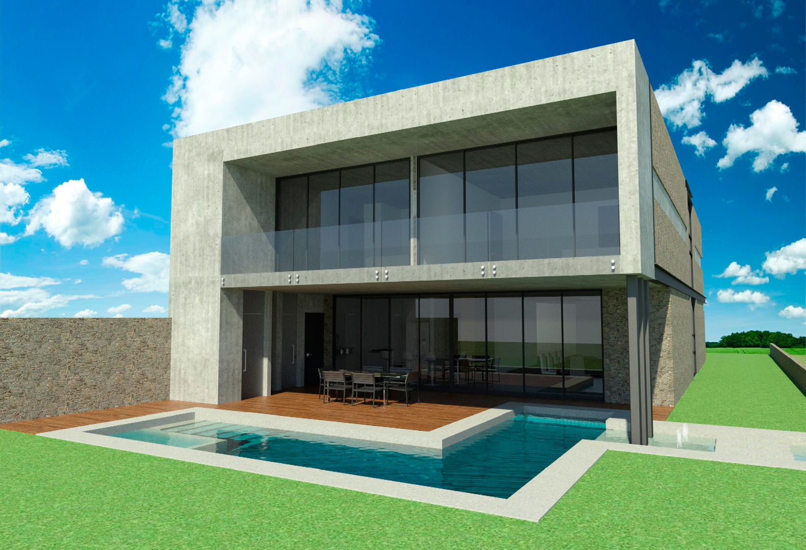 Render Fachada Posterior homify terraza,alberca de jardín,espejo de agua,fuente,jardín,fachada,posterior,exterior de madera