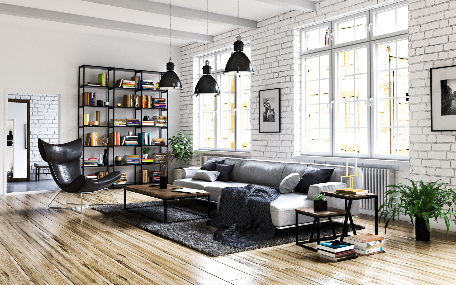 Industrial Wohnzimmer, Steven Romsits - 3D Visualisierung Steven Romsits - 3D Visualisierung Living room