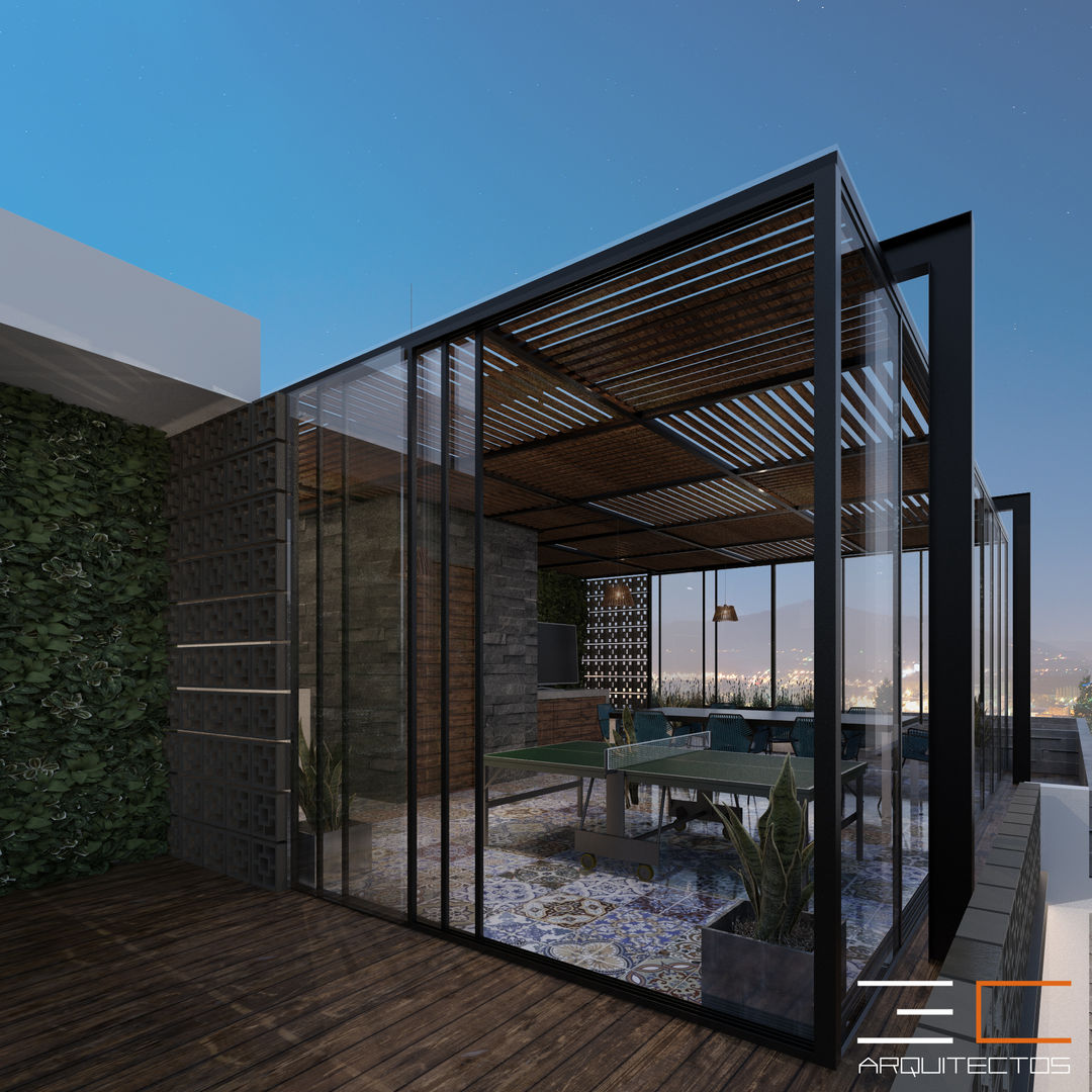 Residencia GA [Silao, Gto.], 3C Arquitectos S.A. de C.V. 3C Arquitectos S.A. de C.V. ระเบียง, นอกชาน เหล็ก