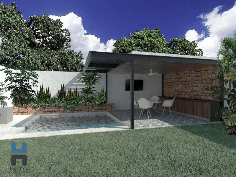 Conjunto de alberca y techumbre ligera Heftye Arquitectura Albercas de jardín Hierro/Acero albercas,piscina,piedra,pared de piedra,moderno,acero