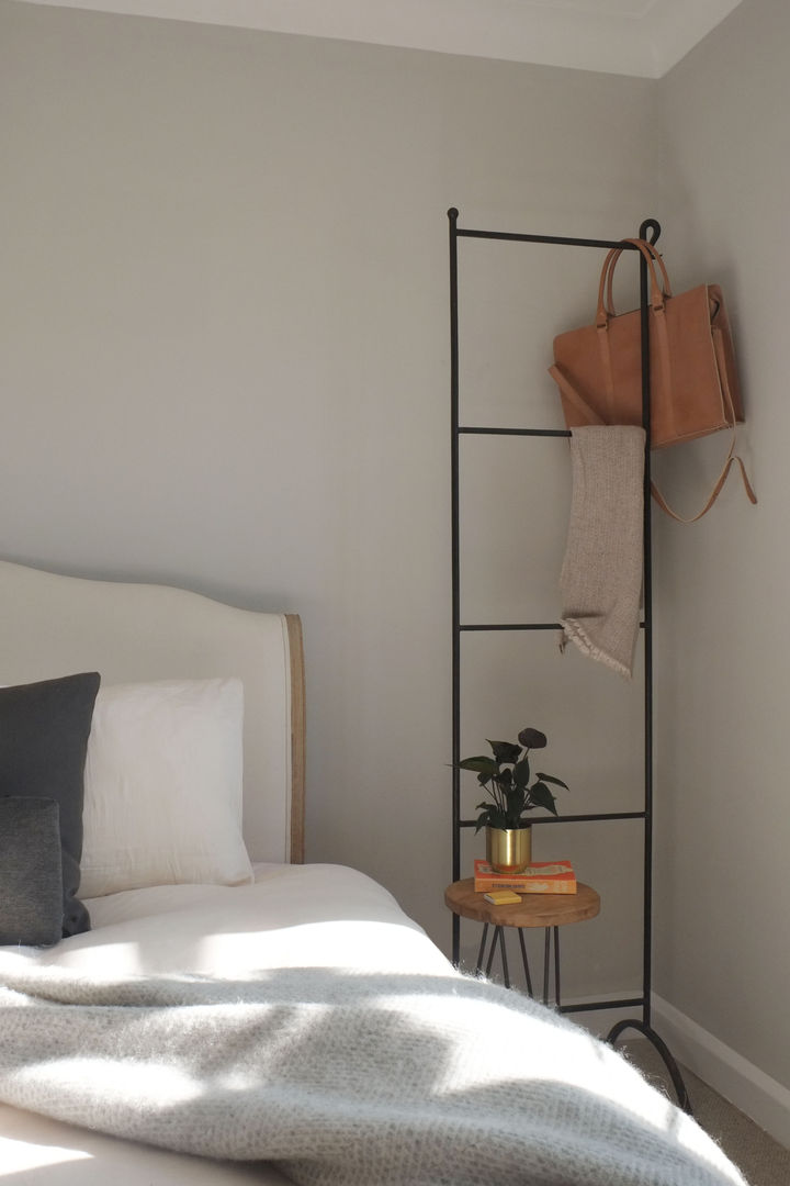 1930s Apartment Redesign: Master Bedroom Lunar Lunar Bedroom french,hanging,bed,soft,comfortable,warm,grey,off white,plant