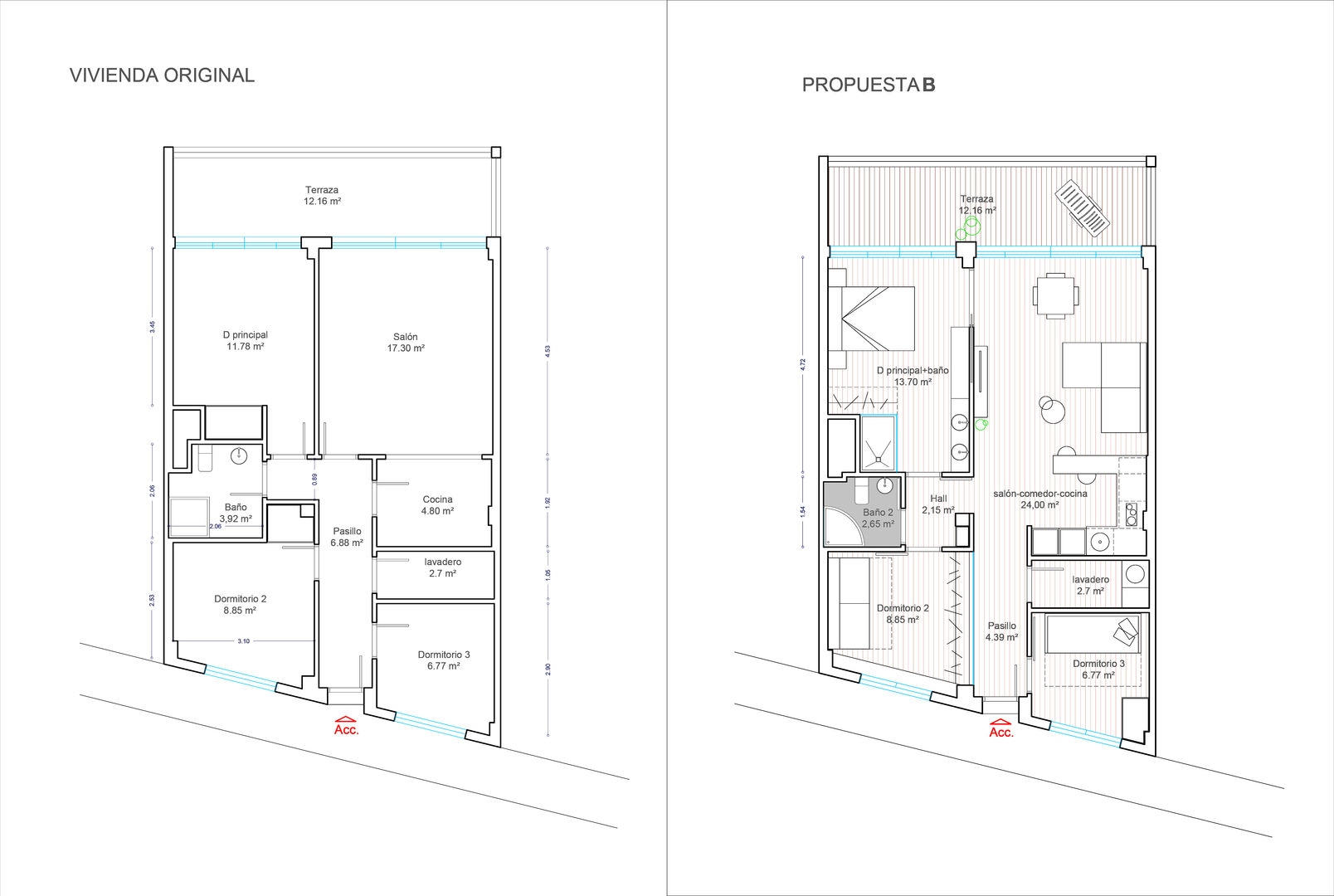 Distribución original y propuesta Loft 26 distribución,reforma,apartamento,alicante,diseño,interiorismo,cocina pequeña