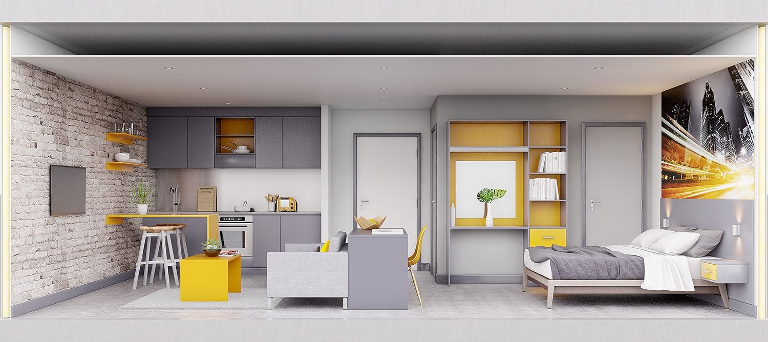 Section View of studio apartment CRISP3D Quartos modernos Tijolo visualisation,3dvisual,3dimages,CGI