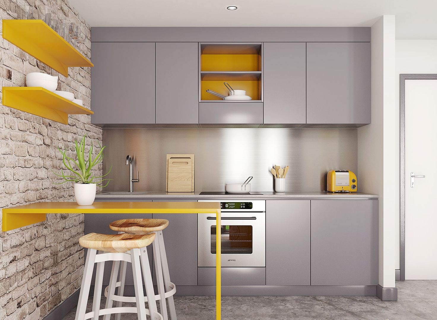 Kitchen View of Studio Apartment CRISP3D Modern Bedroom Bricks 3dvisualisation,3dimage,3dvisual,CGI,visualisation