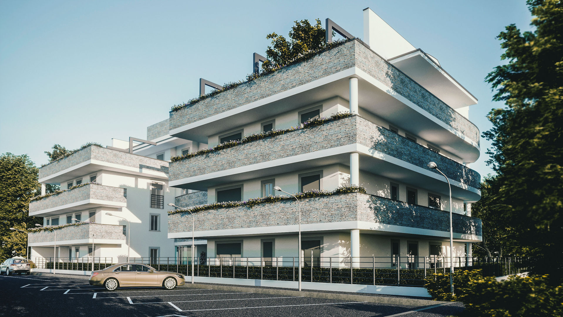 ​Prospetto Sud-Est Studio Corbetta architettura e design Condominio muro in pietra,casa nuova,appartamento,appartamenti