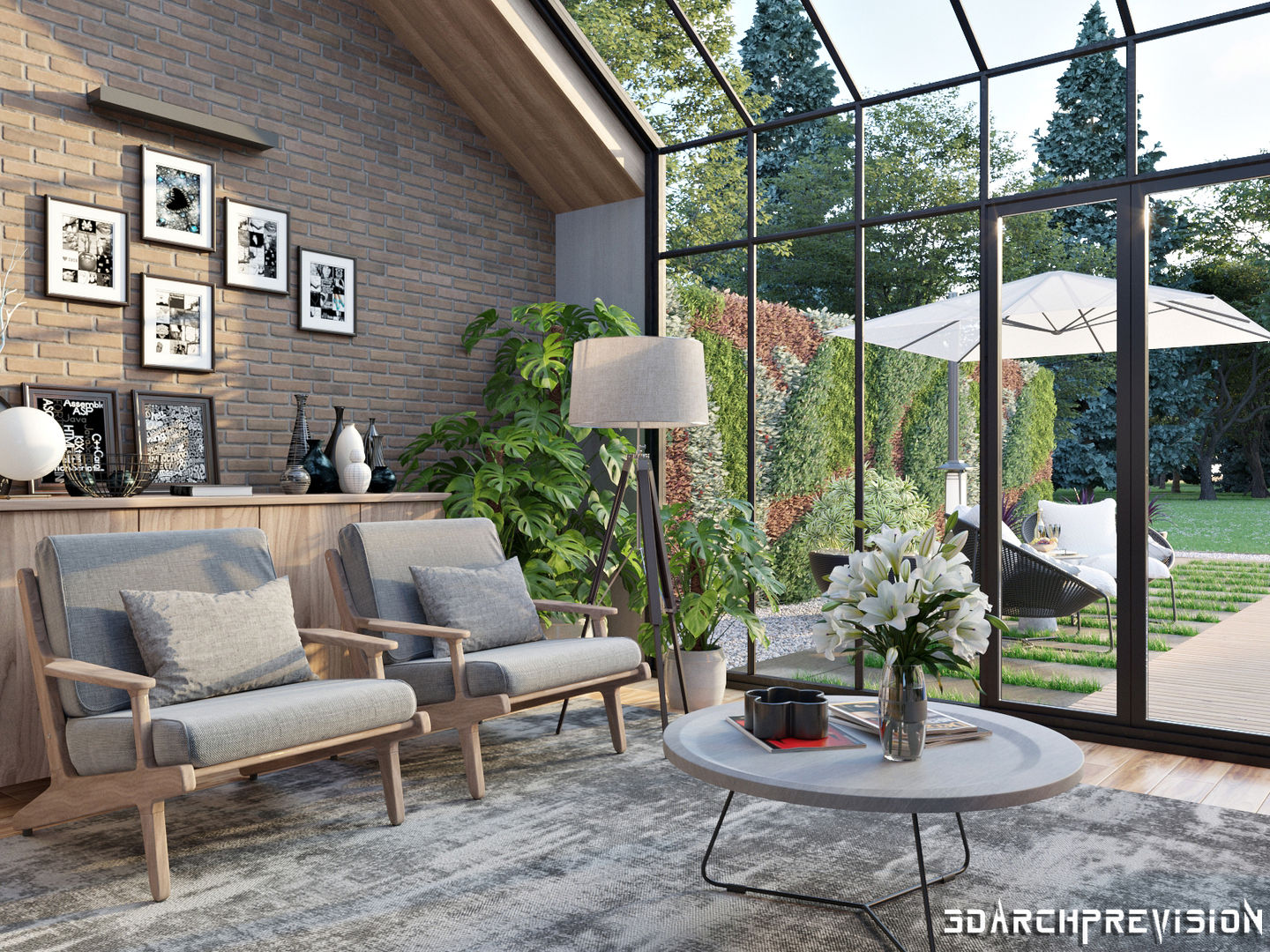 ​Day time interior render 3DArchPreVision Scandinavian style living room Bricks