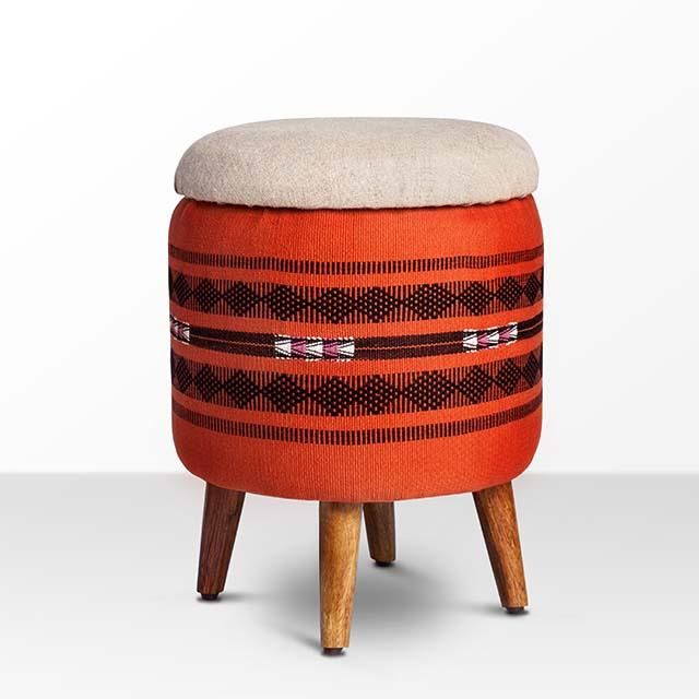 Naga Shawl Circular Storage Ottoman Sihasn Modern living room Cotton Red nagaland,shawl,storage,ottoman,tabla,fabric ottoman,foot-stool,Stools & chairs