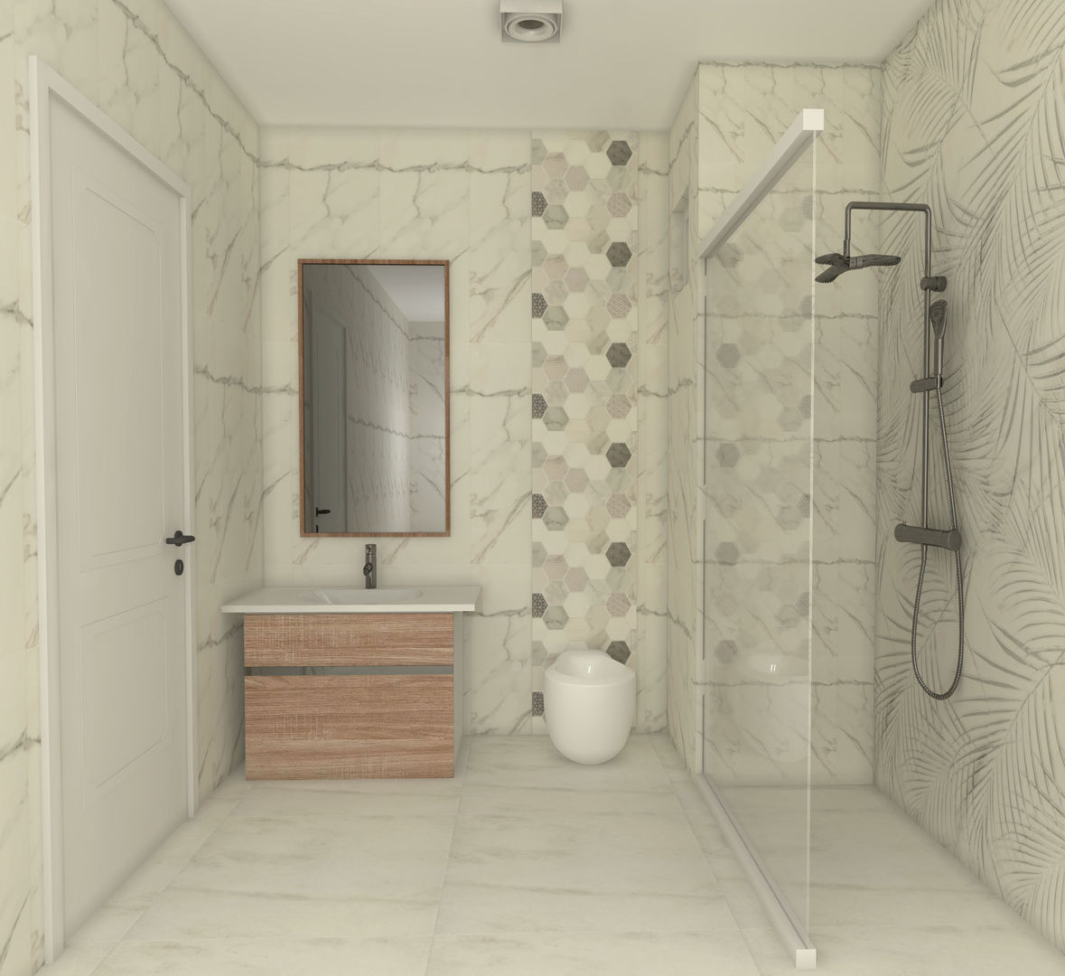 Bodrum Villa Projesi SKY İç Mimarlık & Mimarlık Tasarım Stüdyosu Modern Banyo banyo,banyo lavabosu,lavabo,seramik,desen,beyaz,duşakabin,musluk,klozet,petek