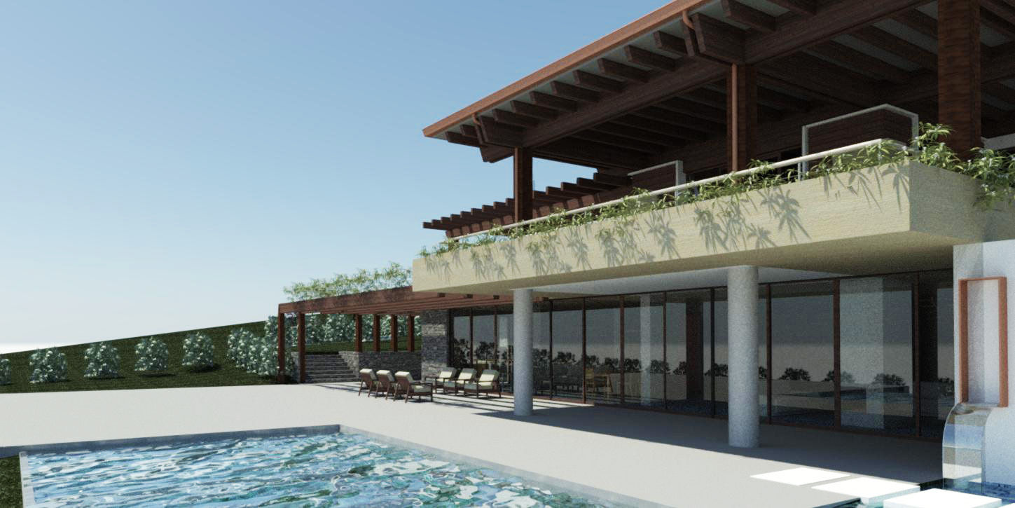 Render di progetto a lavori finiti Ing. Massimiliano Lusetti Case moderne piscina all'aperto,travi in legno,terrazzo sul tetto