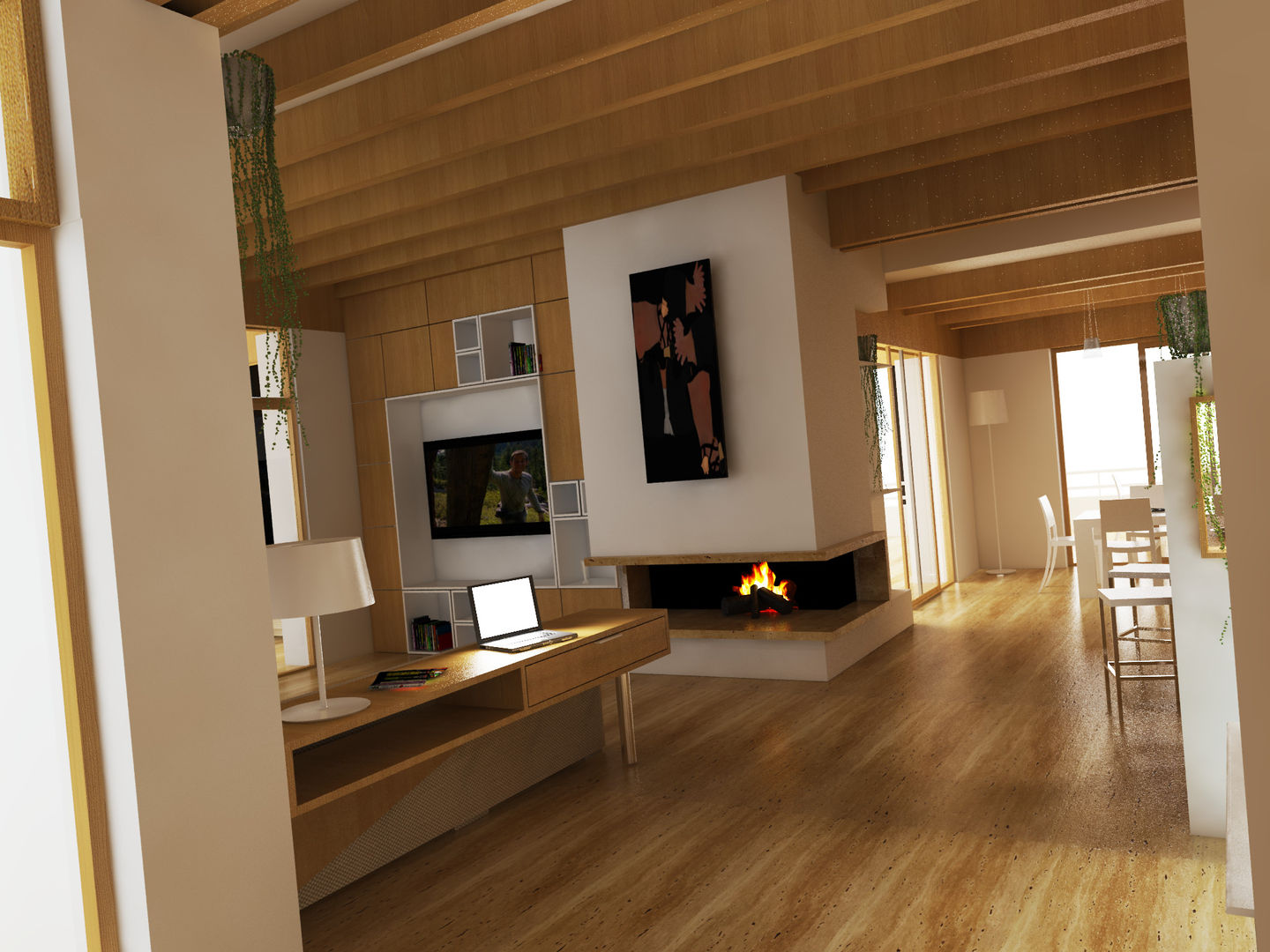RENDER SOGGIORNO Ing. Massimiliano Lusetti Soggiorno moderno pavimento in legno,soffitto in legno,focolare,tavolo da pranzo