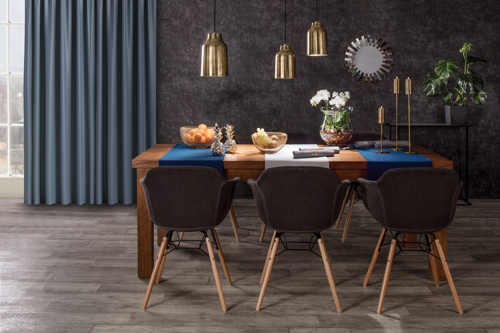 Dunkelblau trifft auf Gold Dekoria GmbH Moderne Esszimmer dekoria,gold,blau,modern,esszimmer,Stühle und Bänke