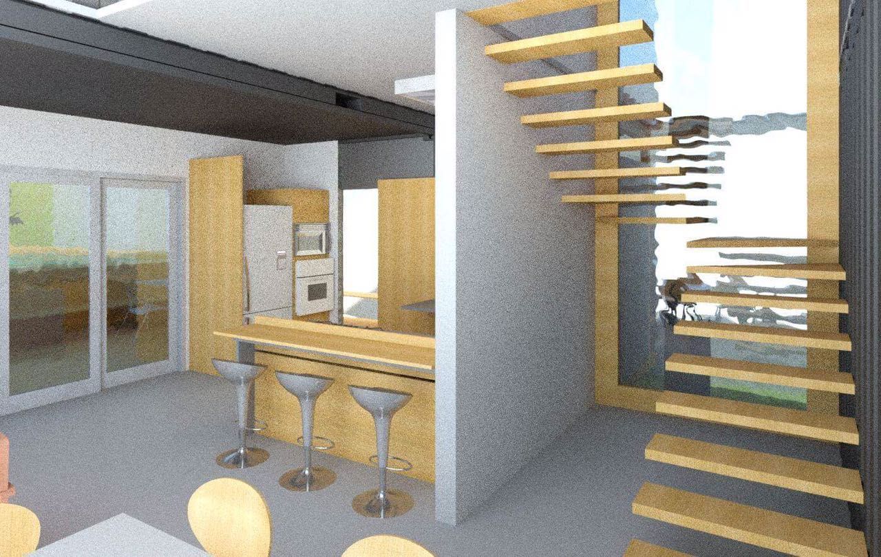 Cozinha e escada Oria Arquitetura & Construções Armários e bancadas de cozinha Madeira Efeito de madeira escada madeira,parede de vidro,cozinha americana