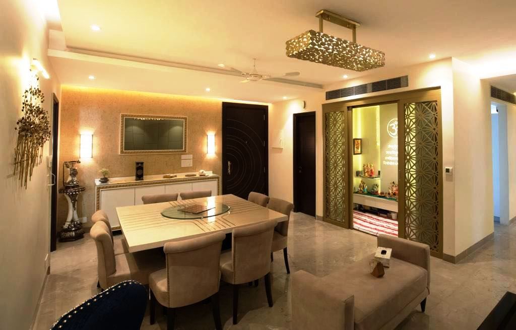Dining & Pooja room - Residence at The Belaire, Golf Course Road The Workroom Modern dining room modern interiors,classy interiors,puja room,dining table,dining console