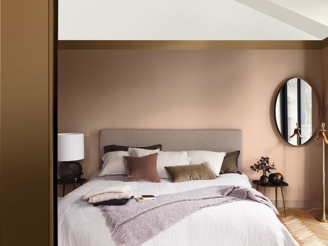 A Bedroom Space to Think in. Dulux UK Modern style bedroom Spiced Honey,Soft Stone,dulux,bedroom,warm colours,wall colours