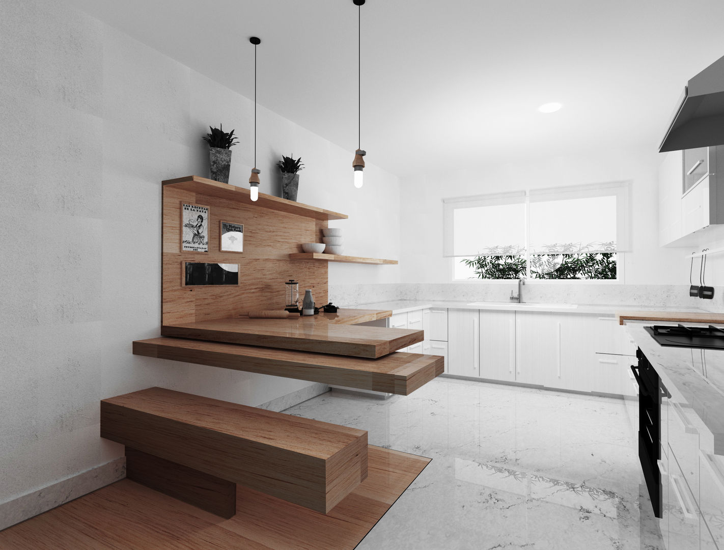 Cocina - Mesa flotante de madera GA Experimental Cocinas de estilo minimalista Cuarzo