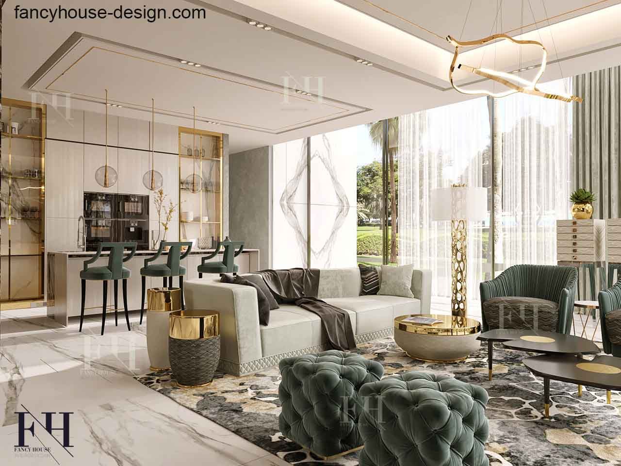 Luxury family living room with dining Fancy House Design Modern living room Marble