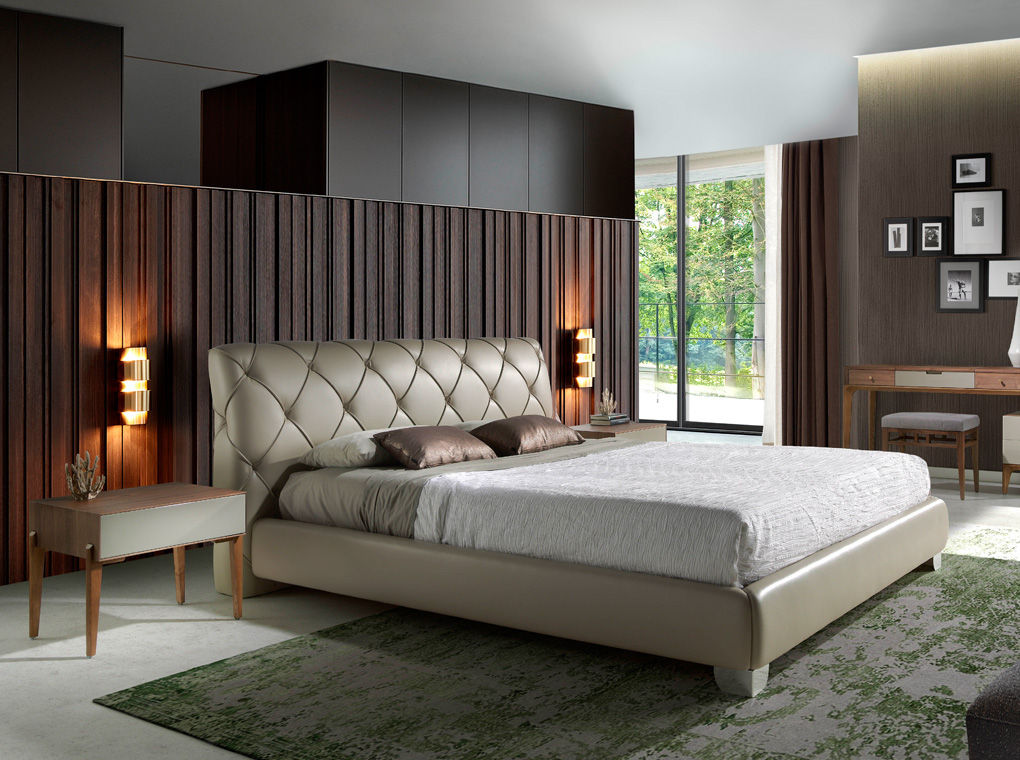 Dormitorio de diseño con muebles de la colección Incanto by Angel Cerdá ANGEL CERDA Cuartos de estilo moderno Piel Gris Camas y cabeceras