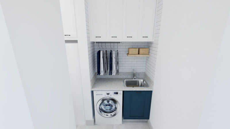 Área de serviços estilo provençal Aline Mozzer Arquitetura Armários e bancadas de cozinha MDF area de serviço,provençal,classico,tanque embutido,mdf azul petróleo,mdf maxi branco,granito,branco itaunas,clean,antiga,interiores,portinari