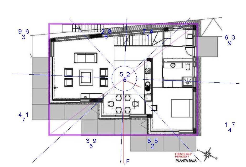 Plano Planta Baja. Xuan Kong Feng Shui. Mapa estrellas volantes o Qi. Arpa'Studio Arquitectura y Feng Shui