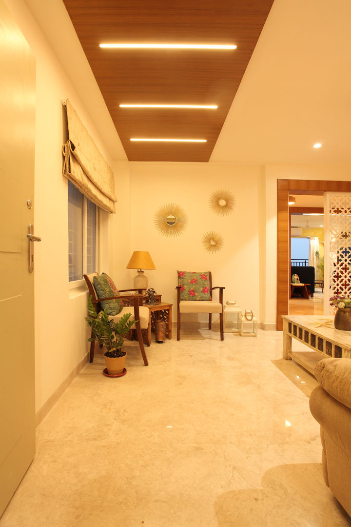 Apartment, Hyderabad, Saloni Narayankar Interiors Saloni Narayankar Interiors Salon rustique Eclairage