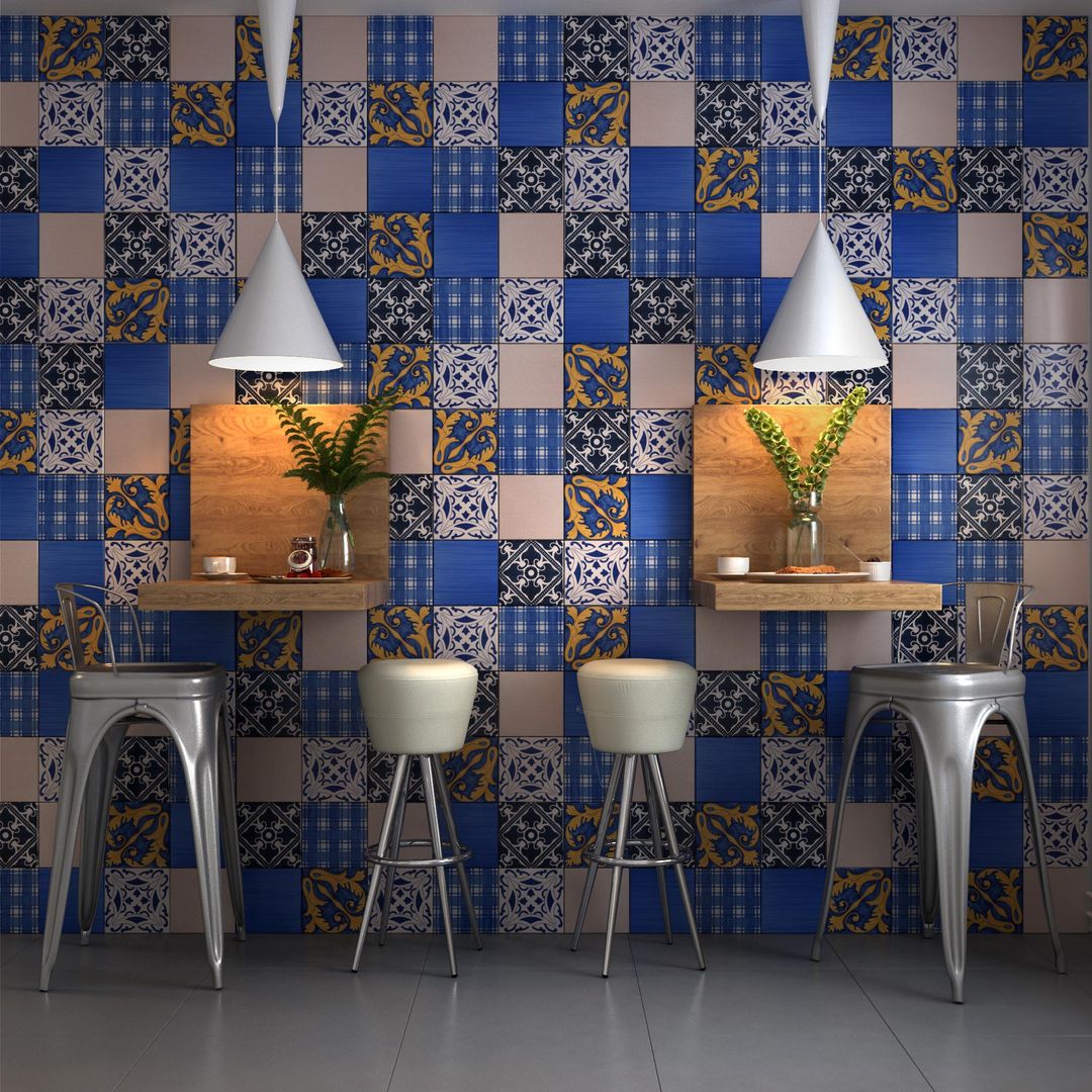 Patchwork: Design colorato che porta gioia, CERAMICHE MUSA CERAMICHE MUSA Sala da pranzo moderna patchwork,blue,white,blu,tiles,piastrelle,ceramica,ceramics,pottery