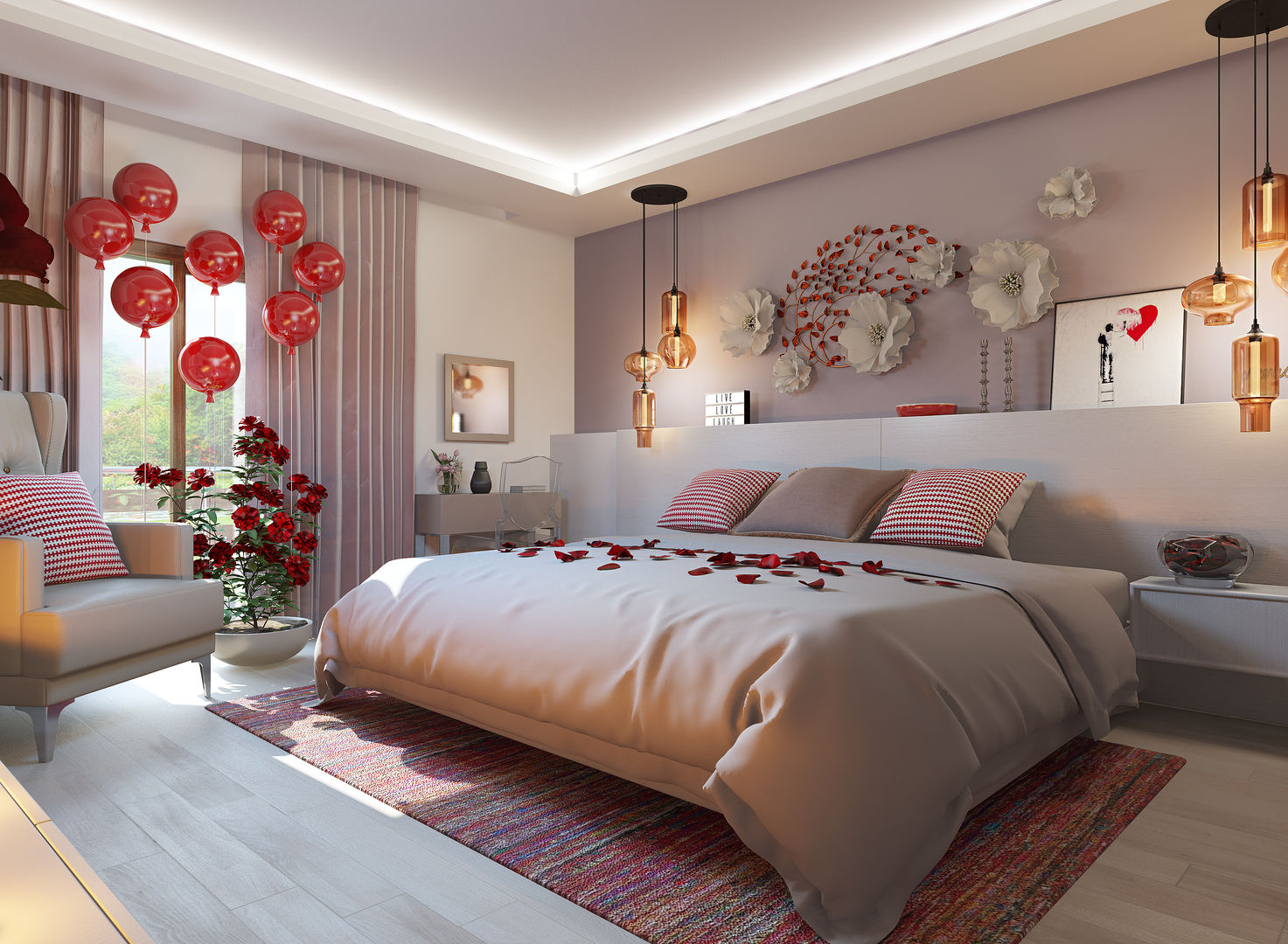 Decoración especial para San Valentín, Glancing EYE - Asesoramiento y decoración en diseños 3D Glancing EYE - Asesoramiento y decoración en diseños 3D モダンスタイルの寝室