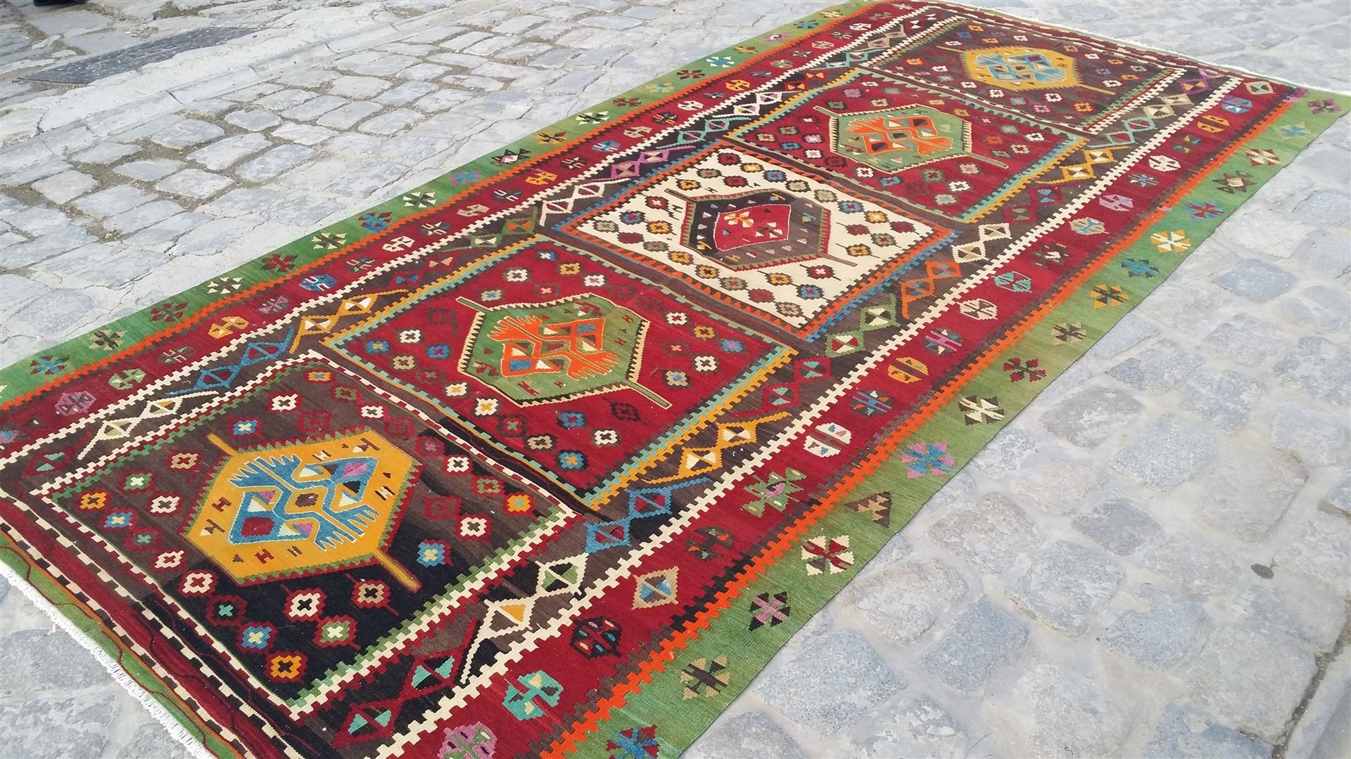 Vintage Corum Kilim Rug Heritage Nomadic Art Gallery Interior garden Wool Orange Interior landscaping