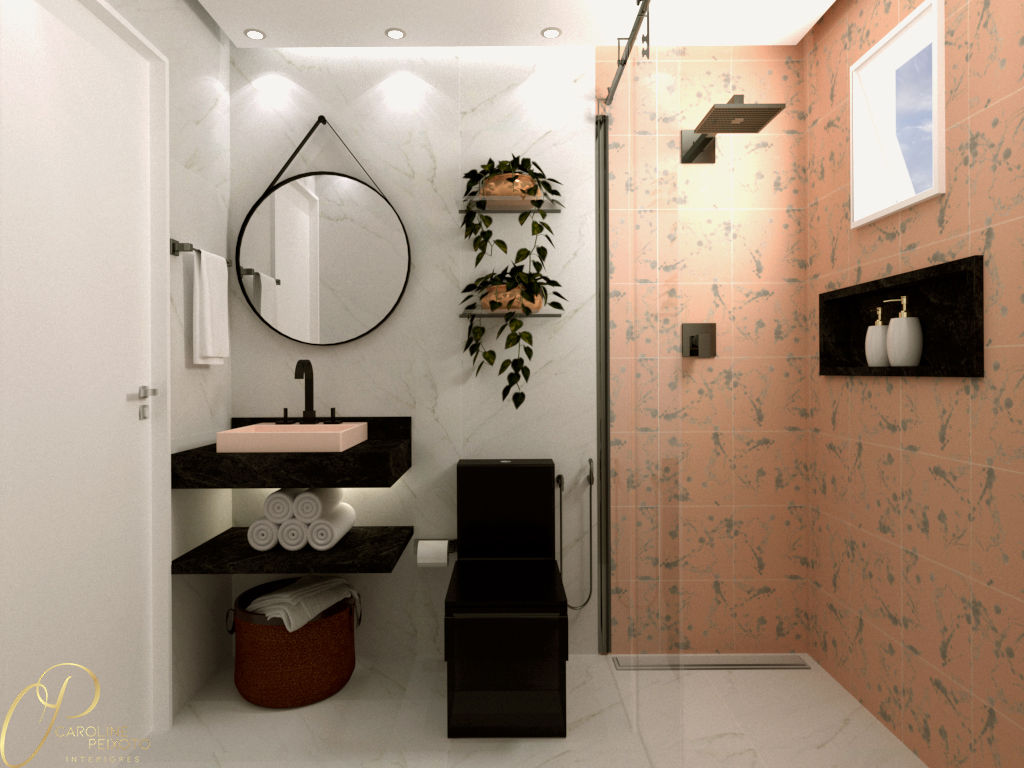 Composição de Contraste Caroline Peixoto Interiores Banheiros modernos banheiro feminino,banheiro rosa