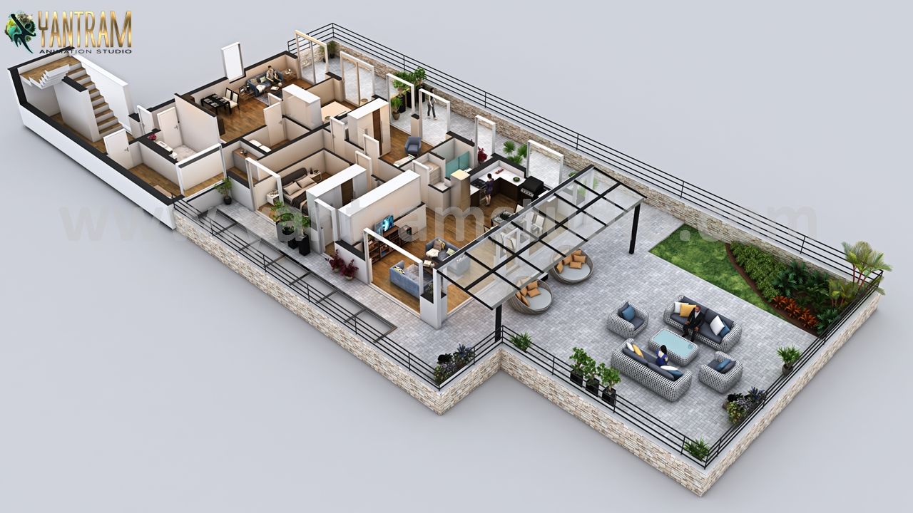 Modern Penthouse 3D Home Floor Plan Design by Yantram Architectural Design Studio, Dublin – Ireland Yantram Animation Studio Corporation أرضيات الطوب floor,plan,design,ideas,penthouse,office,kitchen,garden,bedroom,dining area,playing area,guest room