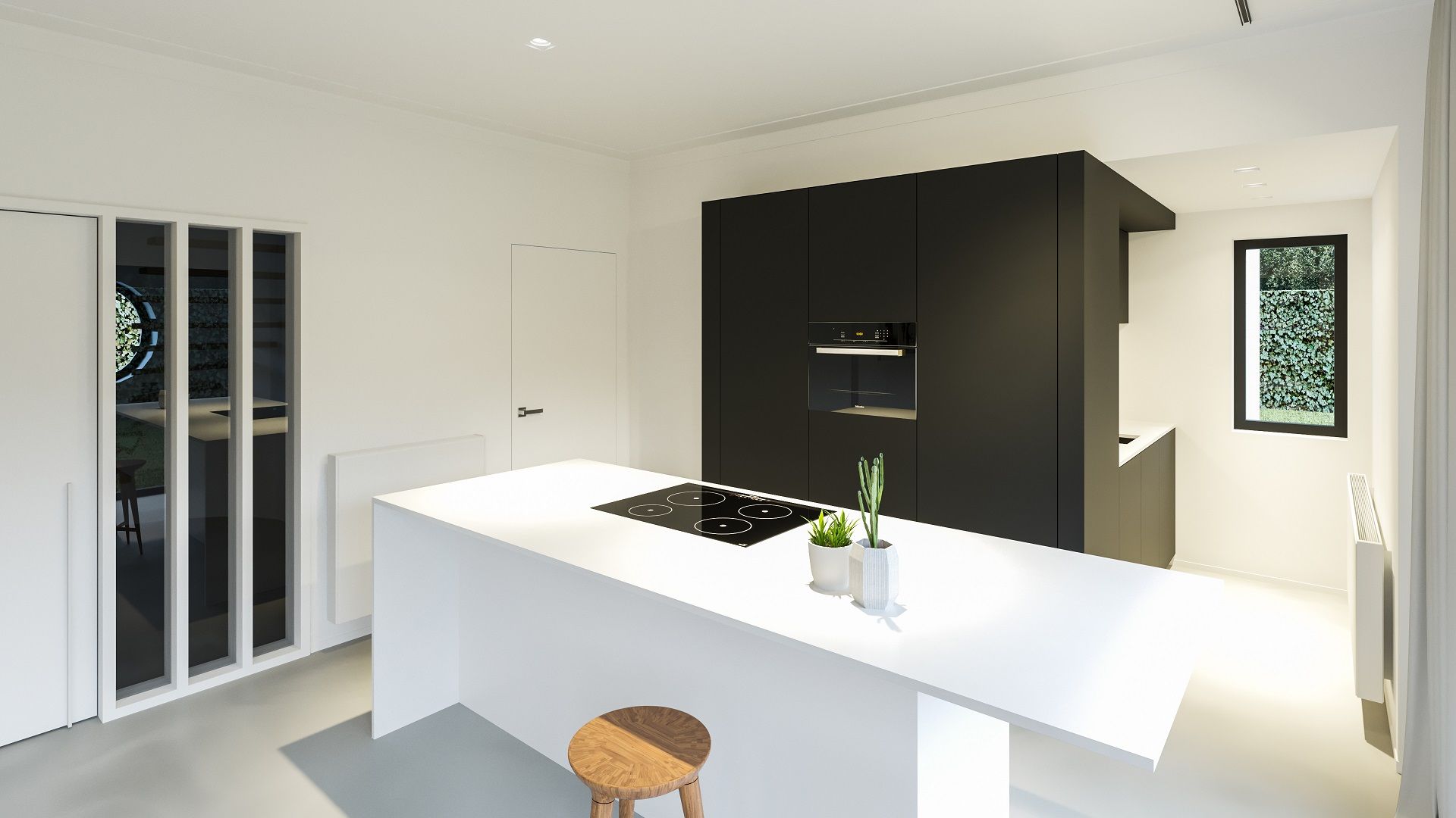 Kookeiland Studio Govaerts Moderne keukens kookeiland gietvloer nis zwart-wit modern leefkeuken