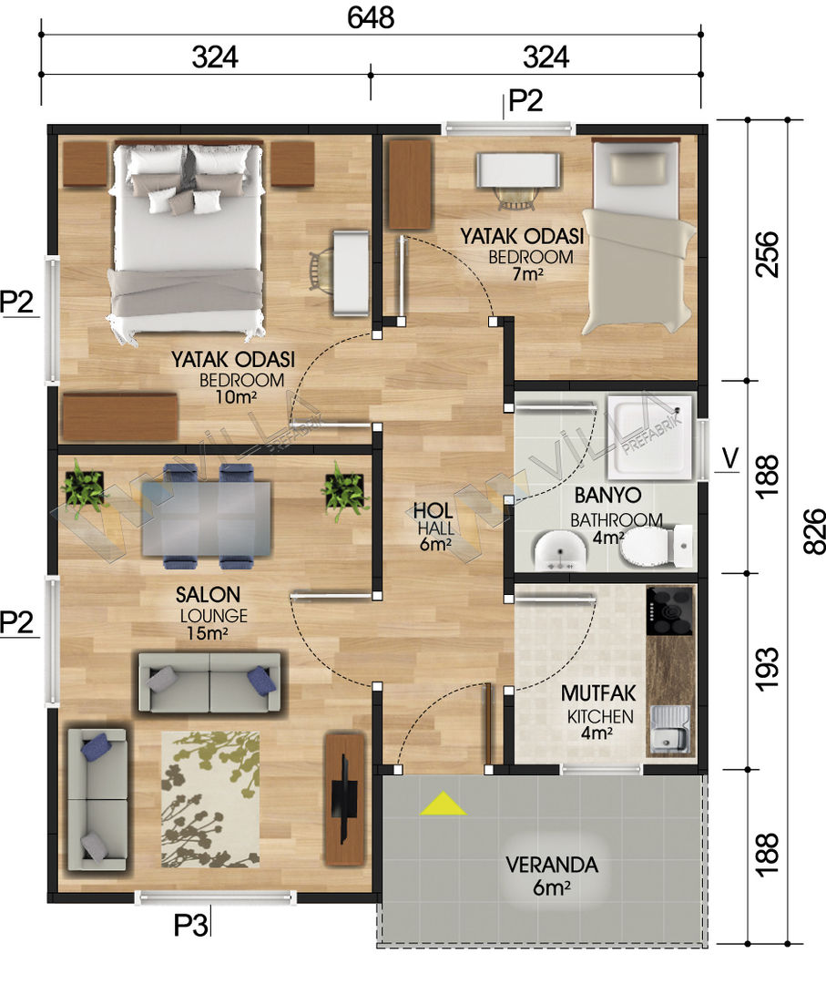 2+1 PREFABRİK EV 53 m2 94.300, VİLLA DİZAYN PREFABRİK VİLLA DİZAYN PREFABRİK Prefabricated home OSB