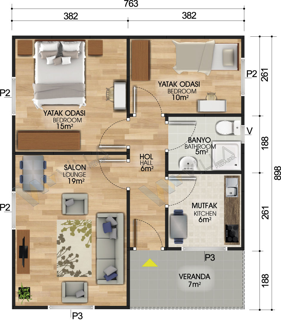 2+1 PREFABRİK EV 68 m2 111.700, VİLLA DİZAYN PREFABRİK VİLLA DİZAYN PREFABRİK Prefabricated home OSB