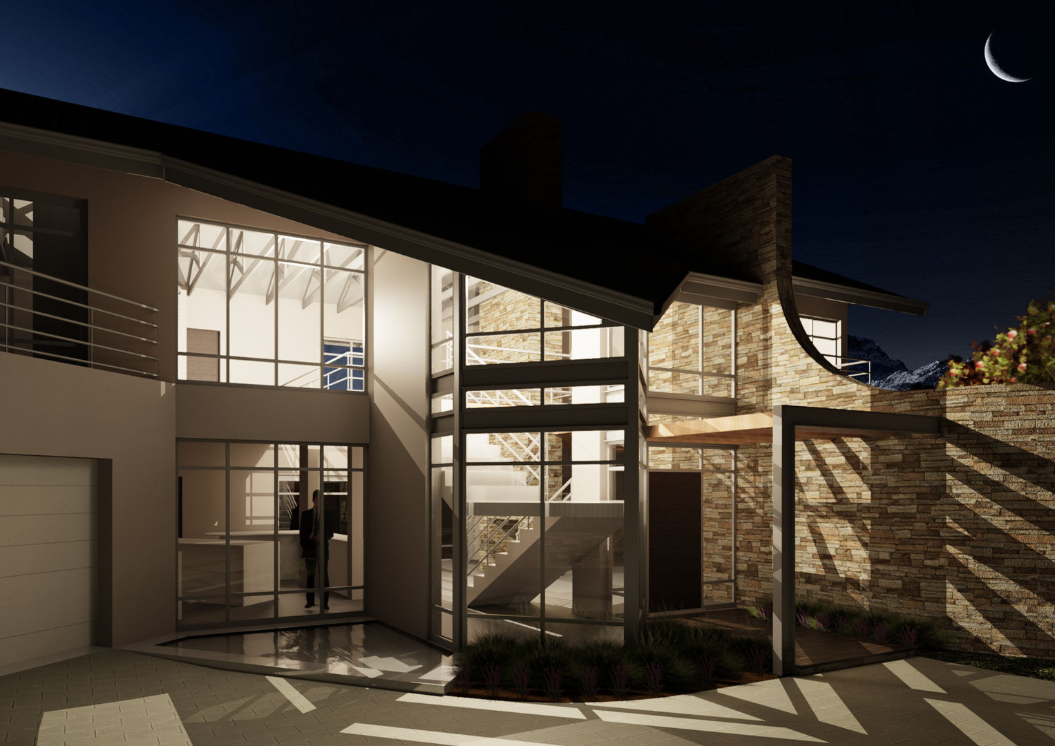 NIGHT VIEW OF MAIN ENTRANCE AND STAIRS Nuclei Lifestyle Design Bungalows modern,window,stairs,stone wall,family home