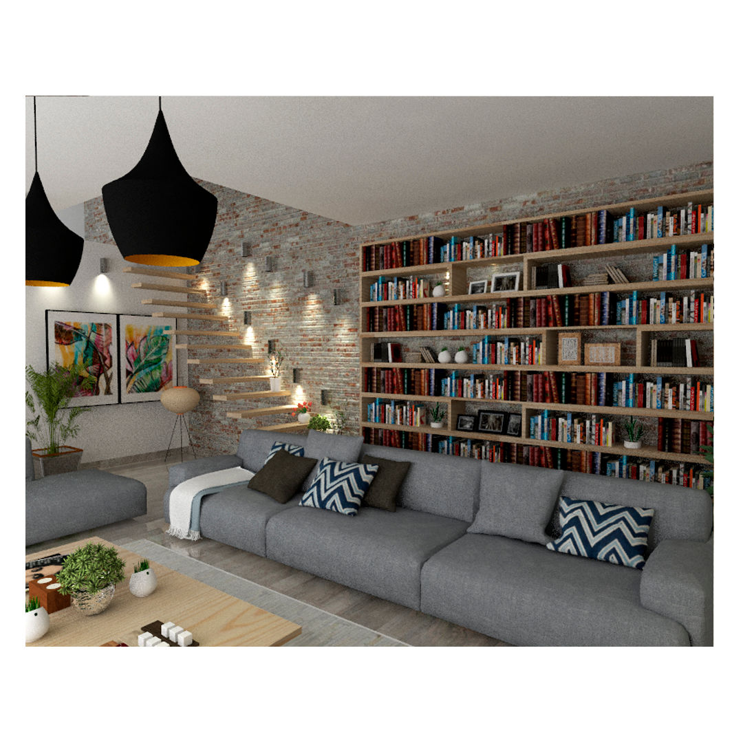 Living- Proyecto- Imágenes/Renders YB Arquitectura Salas modernas Ladrillos