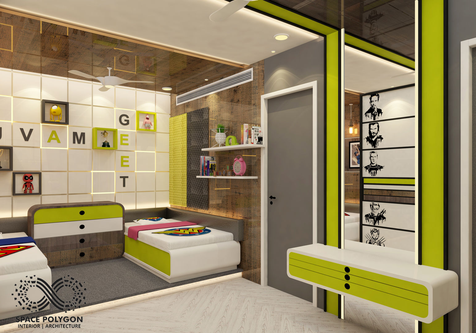 Kids Bedroom for Siblings - a boy and a girl, Space Polygon Space Polygon Nowoczesna sypialnia Stoliki nocne