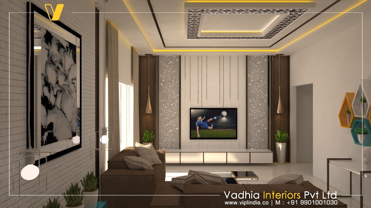 3 BHK Interiors Living room interior Vadhia Interiors Pvt Ltd 现代客厅設計點子、靈感 & 圖片 合板 電視櫃