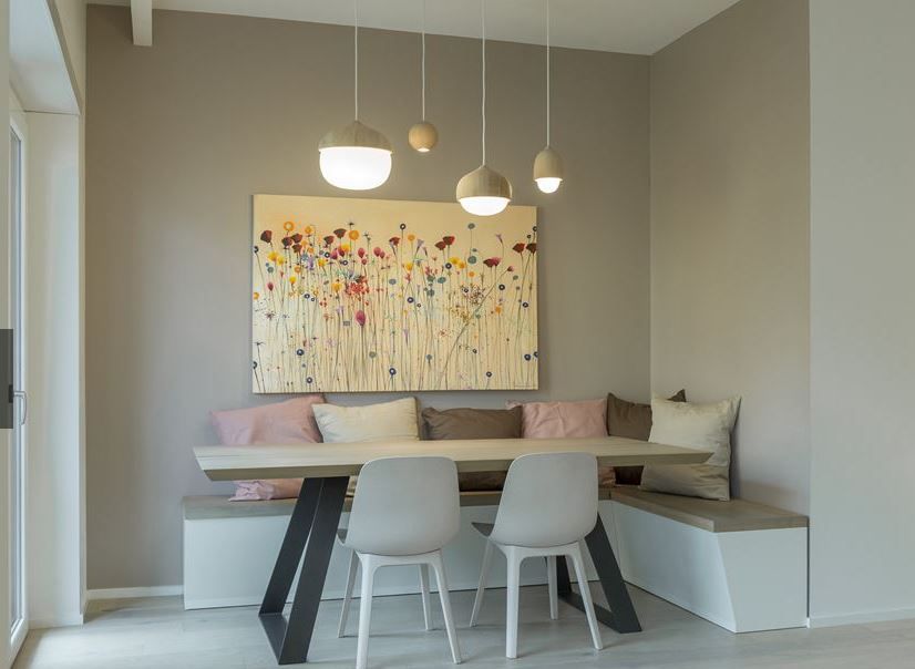 Dining with hanging lights and benches decorMyPlace Modern dining room Plywood