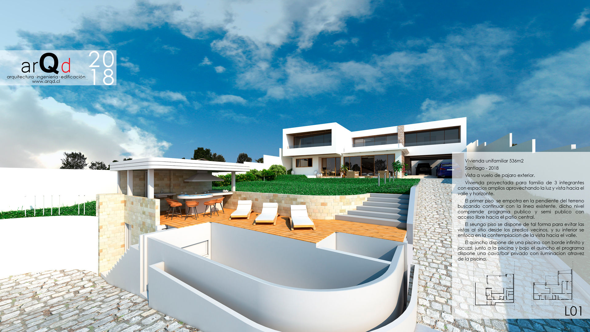 Casa Tiberiades Exterior ARQD spa Casas unifamiliares Concreto reforzado casa,piscina,quincho,mediterranea