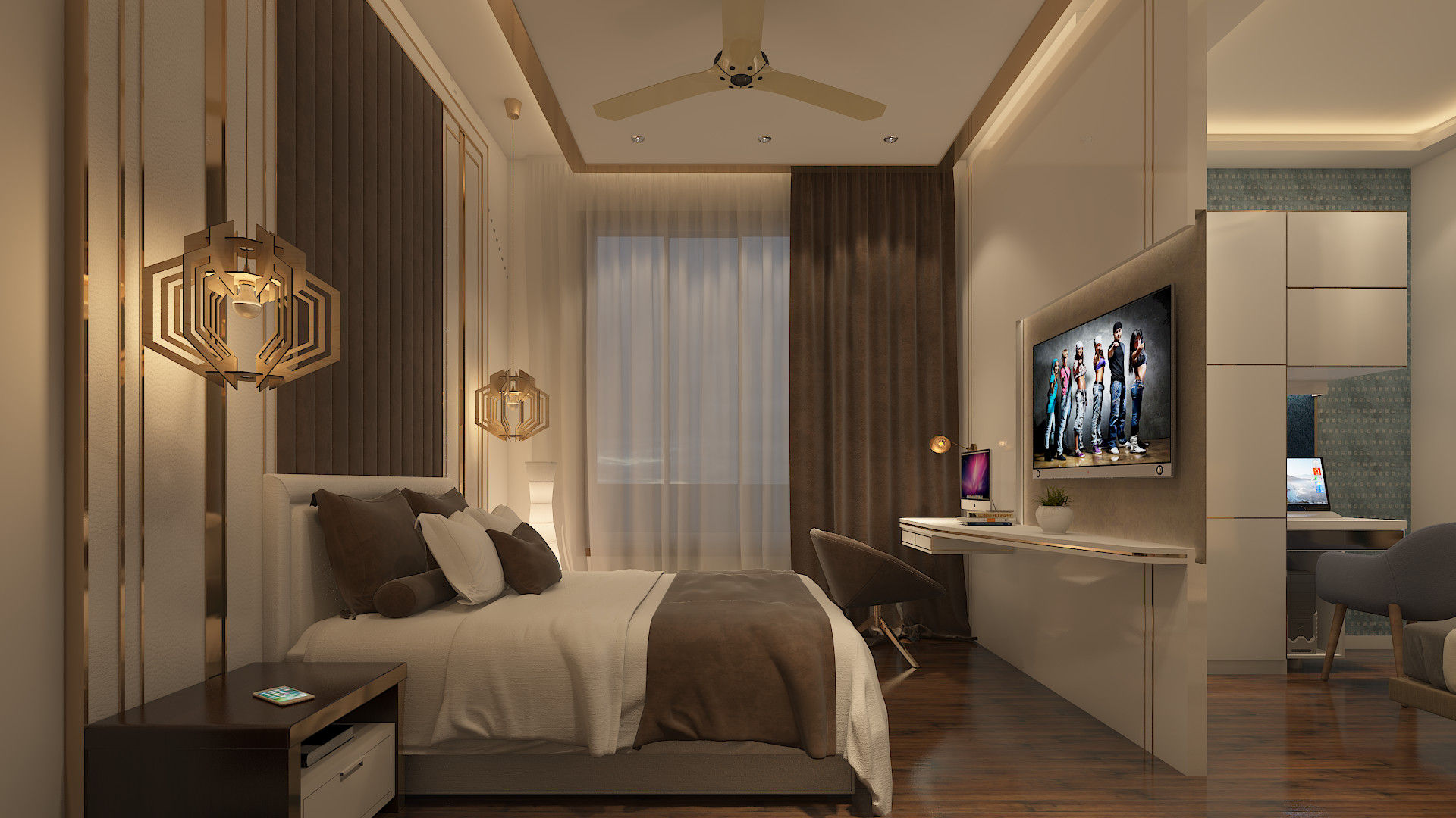 The headboard and tv unit design Sagar Shah Architects Modern style bedroom Wood Wood effect