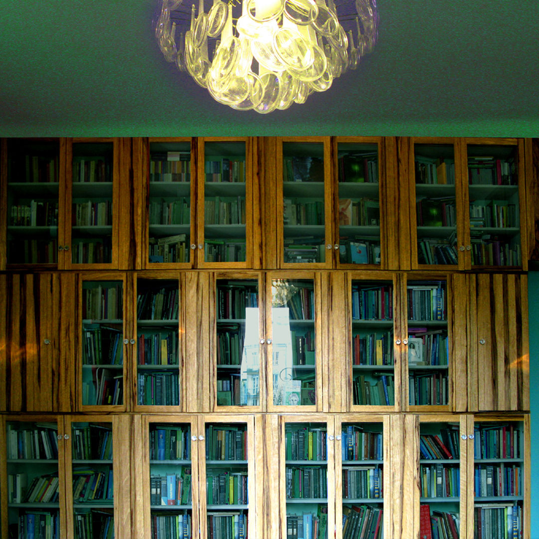 bookshelves, bookcases in exotic wood, glass chandelier ZOFFANO Modern living room