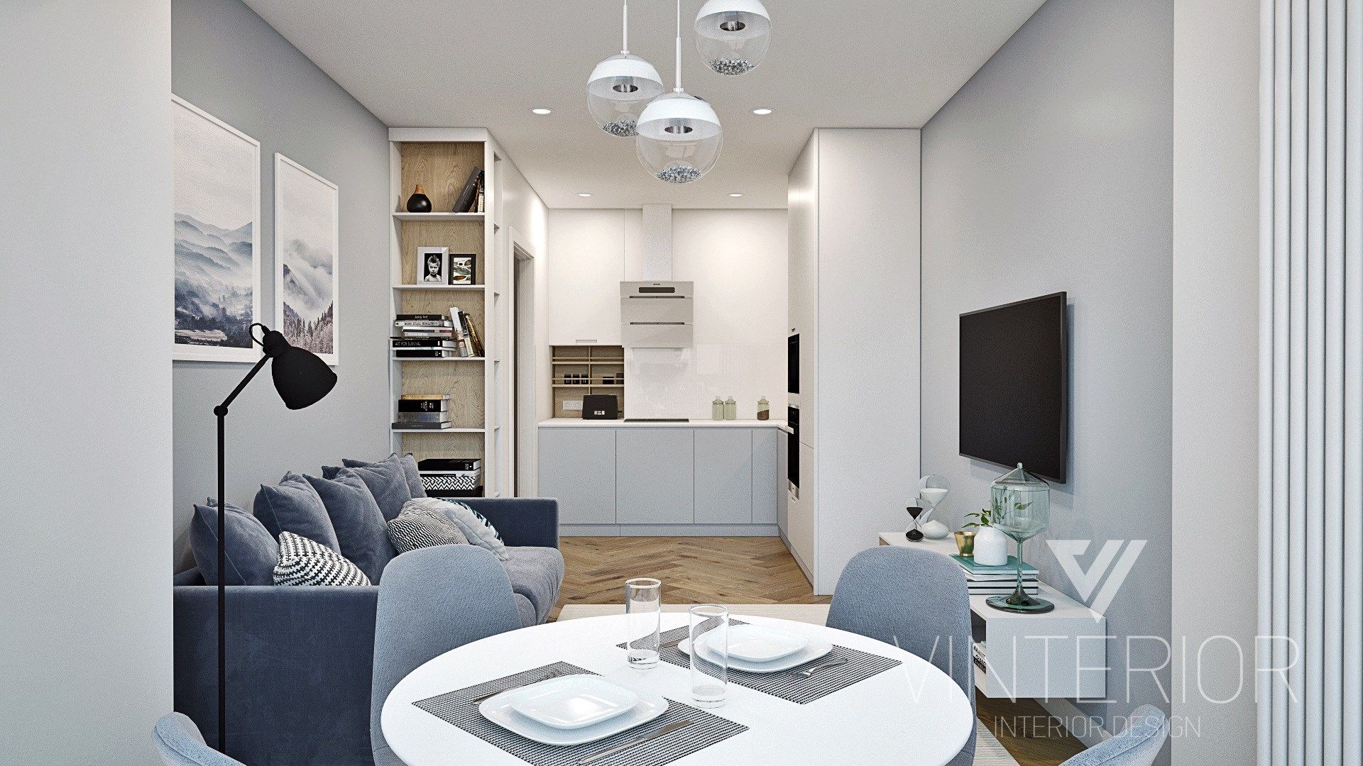 Grey&White one room flat, Vinterior - дизайн интерьера Vinterior - дизайн интерьера モダンデザインの リビング обеденная зона