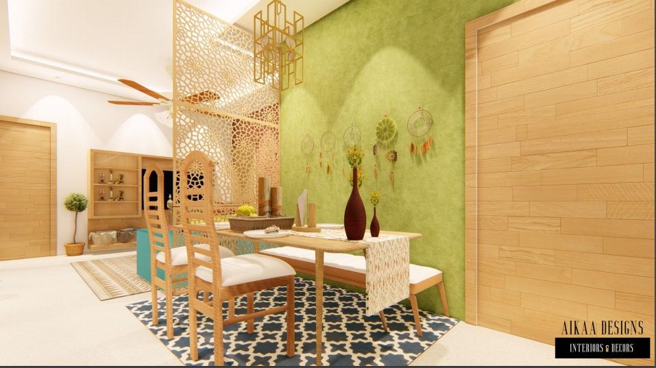 Bohemian Styled Premium Interiors for a 3 BHK at Bangalore, Aikaa Designs Aikaa Designs 컨트리스타일 다이닝 룸 합판