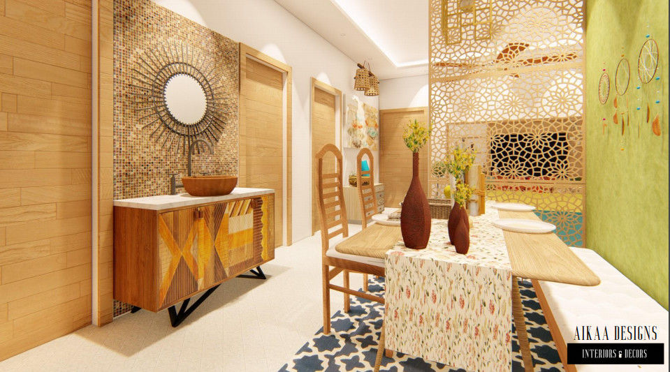 Bohemian Styled Premium Interiors for a 3 BHK at Bangalore, Aikaa Designs Aikaa Designs 컨트리스타일 다이닝 룸 솔리드 우드 멀티 컬러