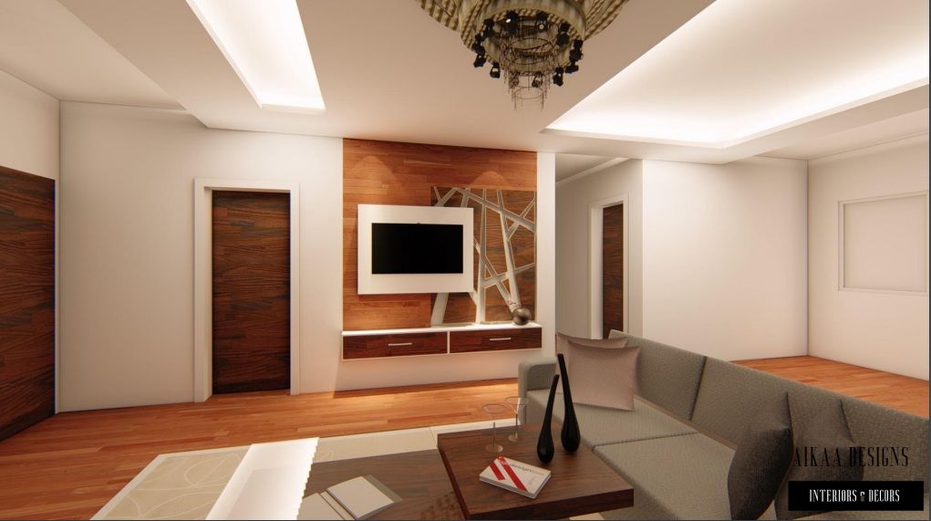 Elegant Interiors for a 3 BHK VILLA at Chennai, Aikaa Designs Aikaa Designs Minimalist living room Plywood Property,Couch,Building,Comfort,Interior design,Wood,Lighting,Architecture,Hall,Flooring