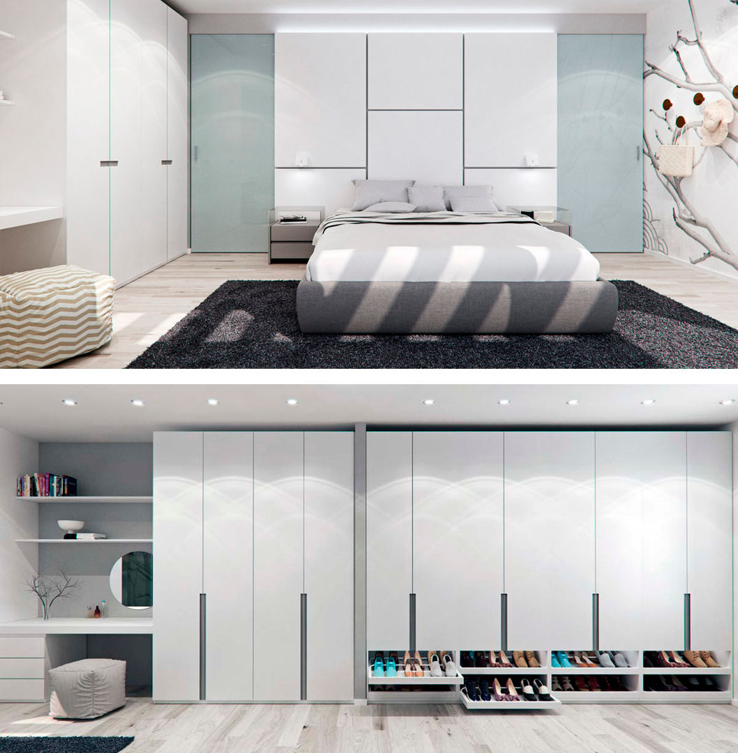 Diseño de dormitorio principal Tono Lledó Estudio de Interiorismo en Alicante Dormitorios modernos Madera Acabado en madera Camas y cabeceras