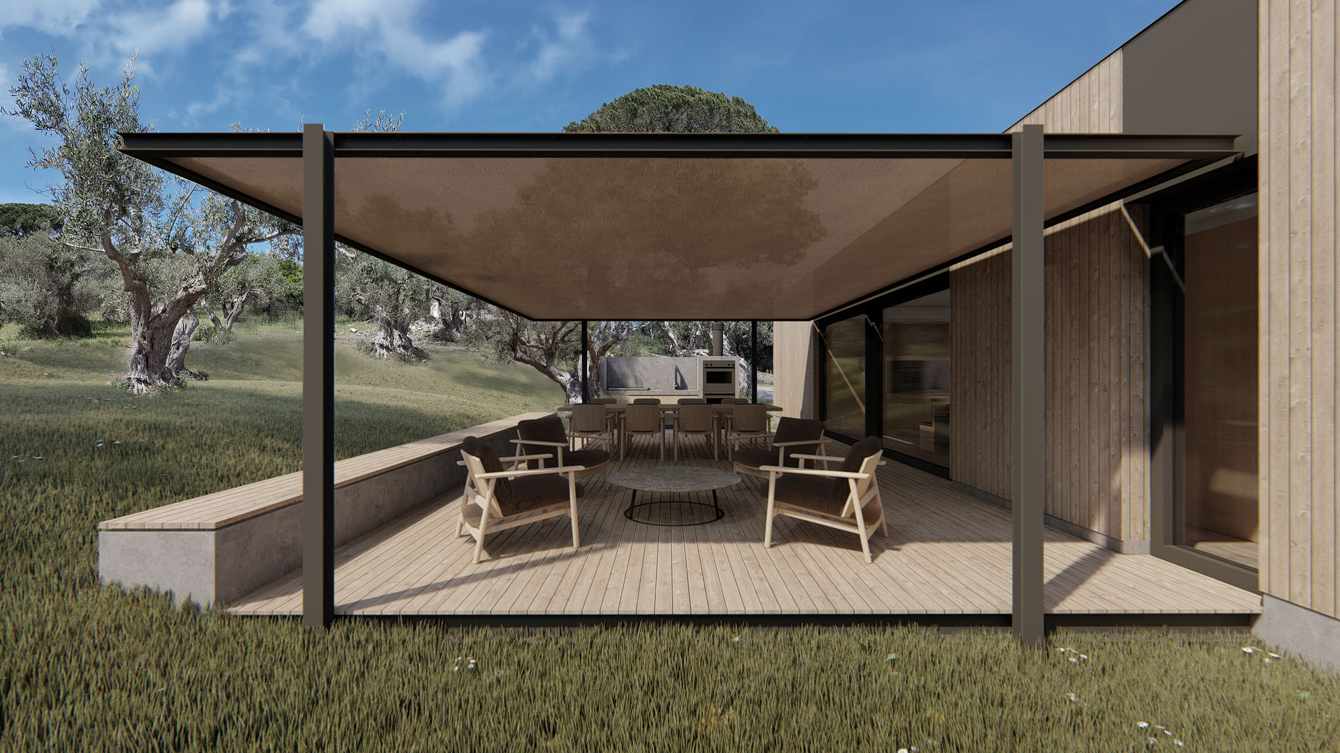 WOODEN HOUSE G|C – SICILY, ALESSIO LO BELLO ARCHITETTO a Palermo ALESSIO LO BELLO ARCHITETTO a Palermo Country house Iron/Steel projecting roof ,shading cloth, pergola, outdoor kitchen, outdoor dining table, dining room, iron, steel, chairs, lark, bench, country house