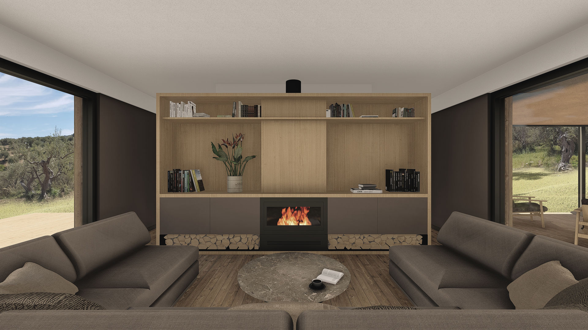 WOODEN HOUSE G|C – SICILY, ALESSIO LO BELLO ARCHITETTO a Palermo ALESSIO LO BELLO ARCHITETTO a Palermo Living room Wood Wood effect bookshelf, fireplace, couch, marble table, durmast